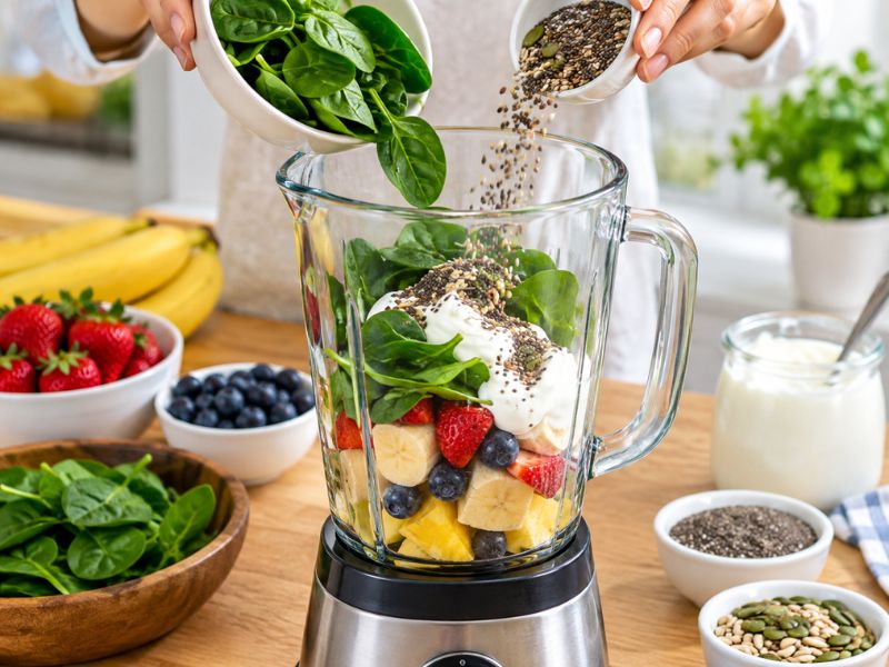 Healthy smoothie recipes for weight loss in colorful glasses with fresh fruits