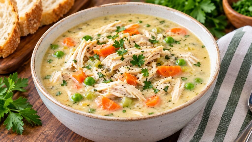 Cream of chicken soup with vegetables and herbs