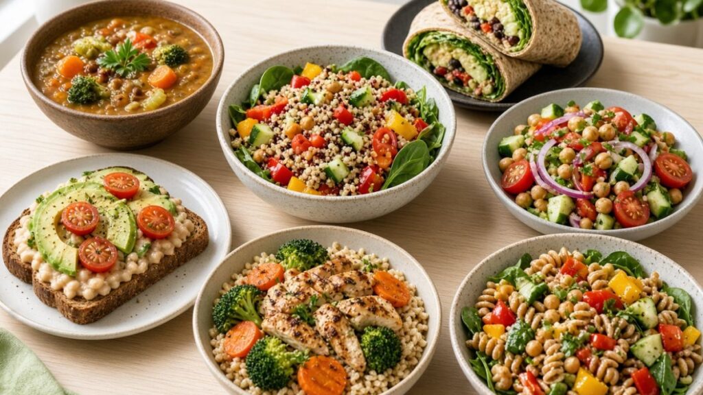 High fiber chickpea quinoa bowl with avocado and fresh vegetables