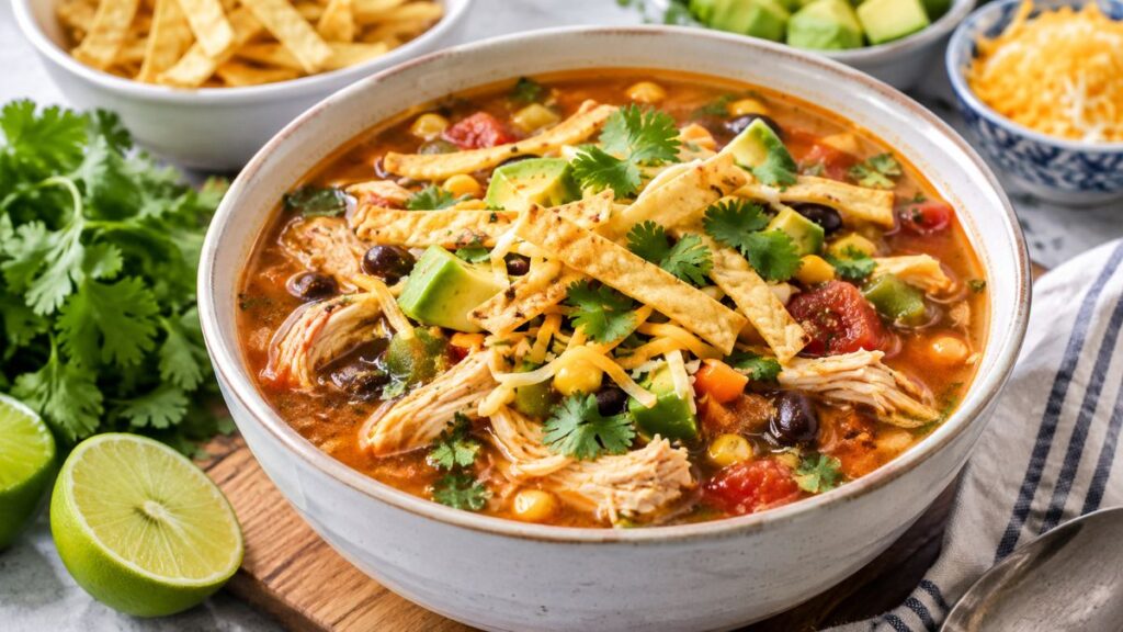 Bowl of chicken tortilla soup with avocado and cilantro