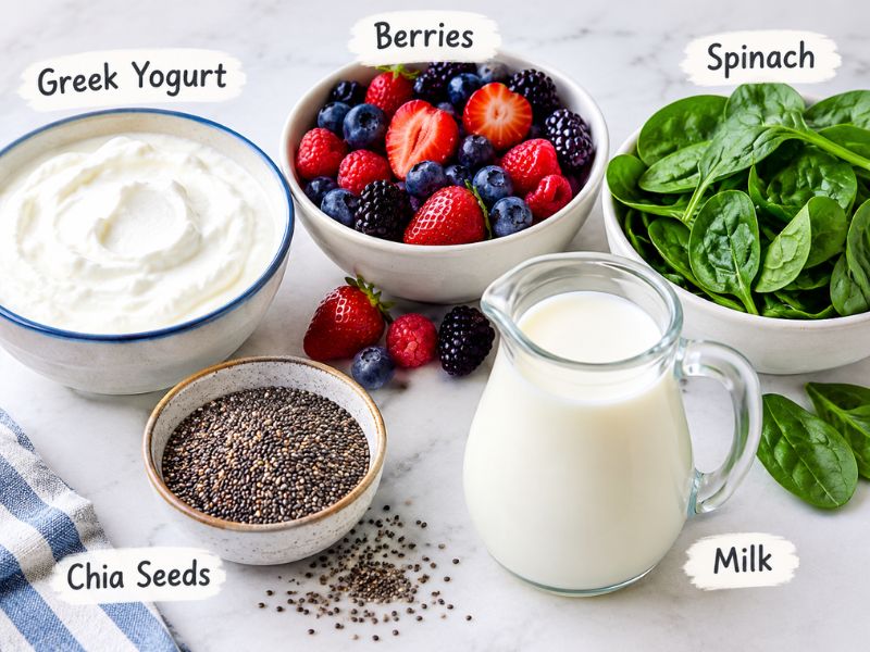 Healthy smoothie preparation with fresh fruit vegetables yogurt and seeds