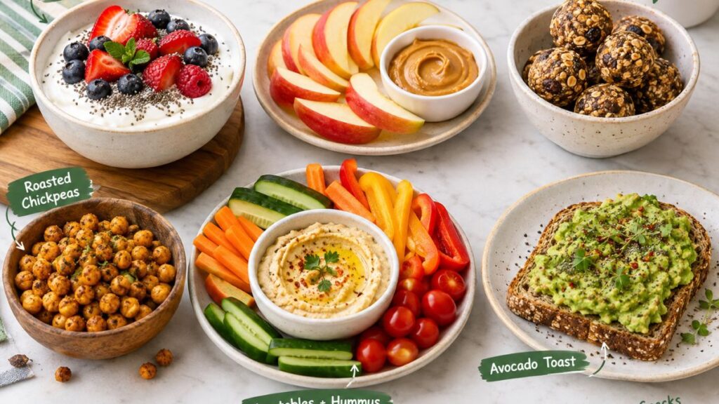 Healthy snack recipes with yogurt, fruit, vegetables, hummus, and energy bites