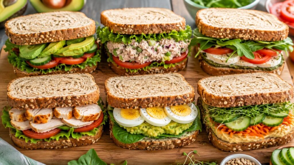 healthy sandwich ingredients with whole-grain bread vegetables and protein