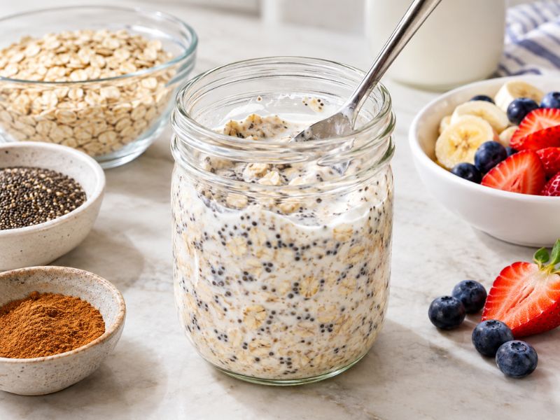 Rolled oats and chia seeds combined with milk and Greek yogurt