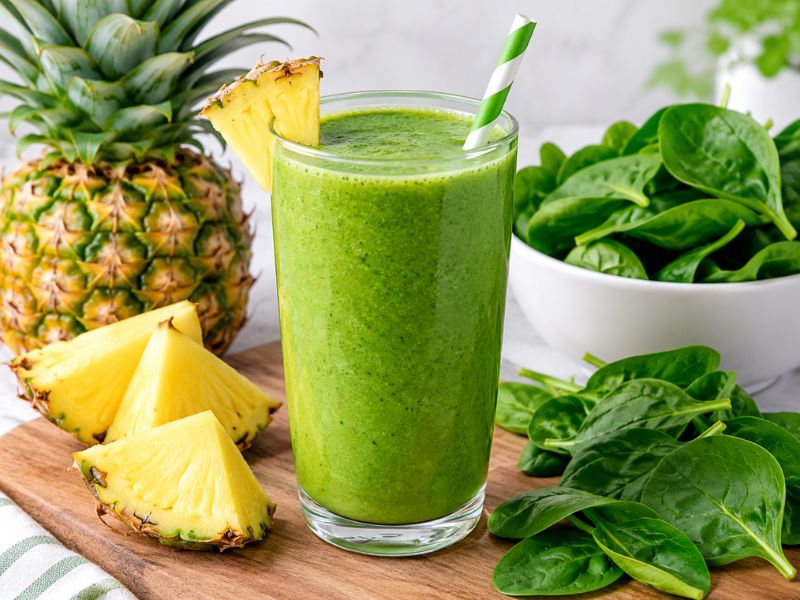 Healthy smoothie portion with fruits vegetables protein and fiber rich ingredients