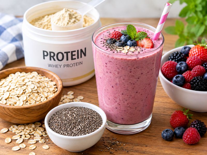 Filling weight loss smoothie with berries Greek yogurt oats chia seeds and fruit