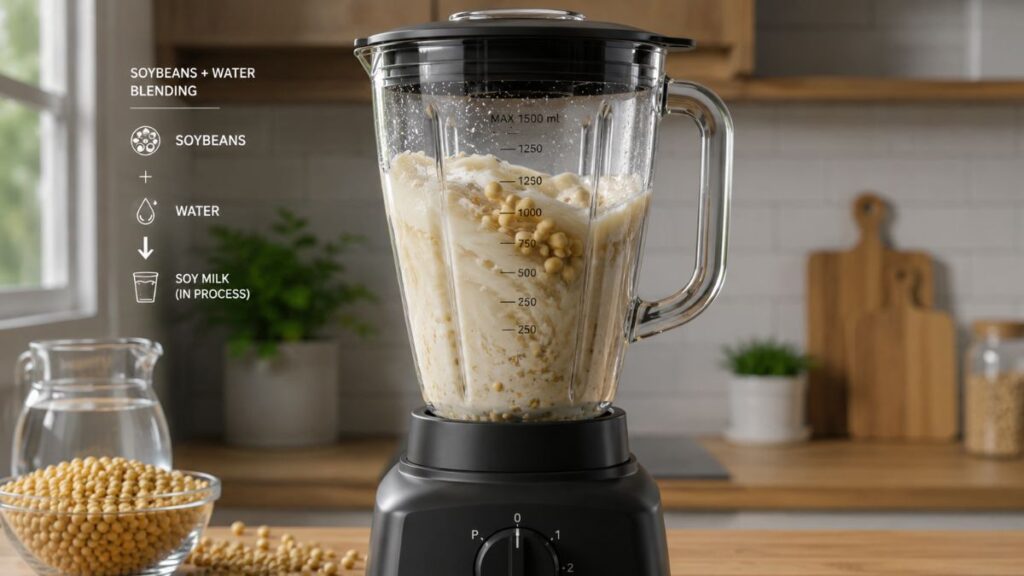 Straining blended soybeans through a nut milk bag