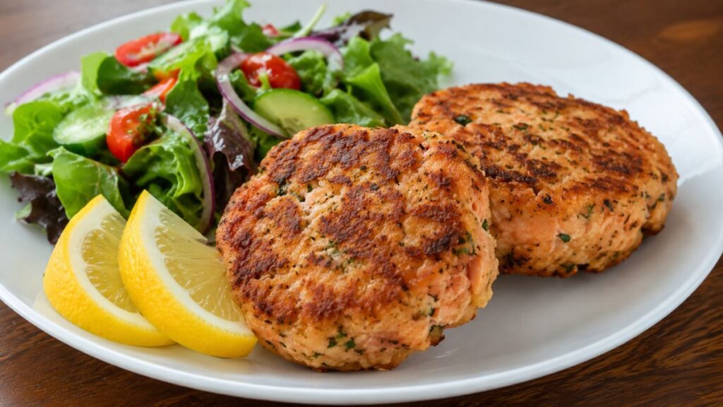 Crispy salmon patties served with salad and lemon wedges