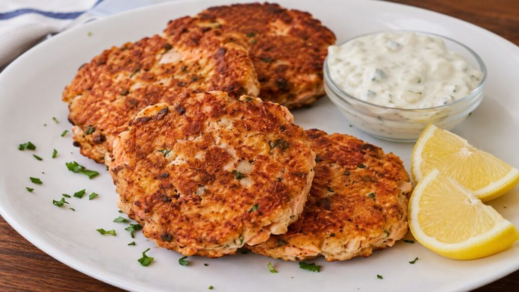 Crispy can pink salmon patties served with lemon wedges and homemade tartar sauce on a white plate