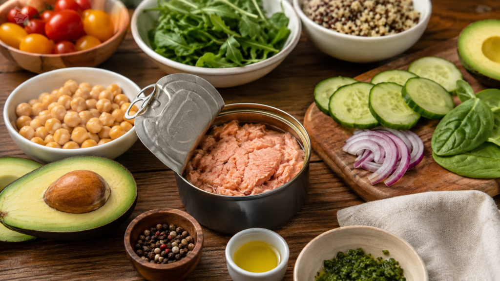 Canned pink salmon rich in protein, omega-3 fatty acids, and vitamins