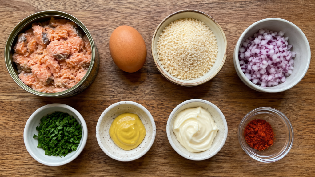 Ingredients for homemade salmon patties including canned salmon, egg, breadcrumbs, onion, and parsley