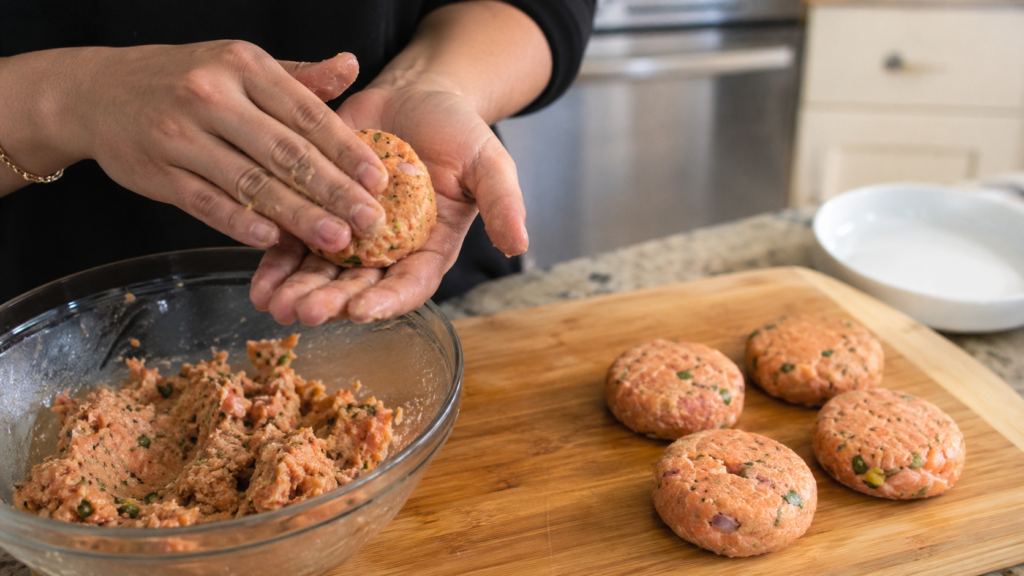 Shaping homemade can pink salmon mixture into round patties before frying