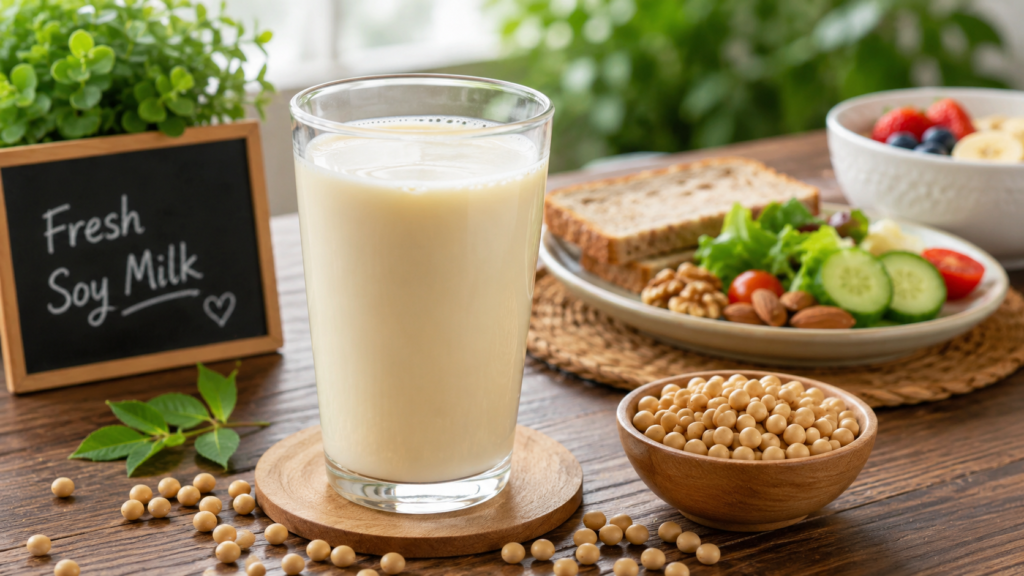Fresh creamy soy milk served in a glass