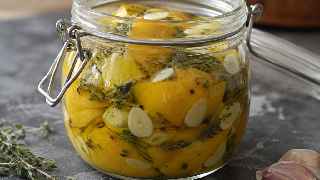 Fresh preserved lemons with herbs and garlic