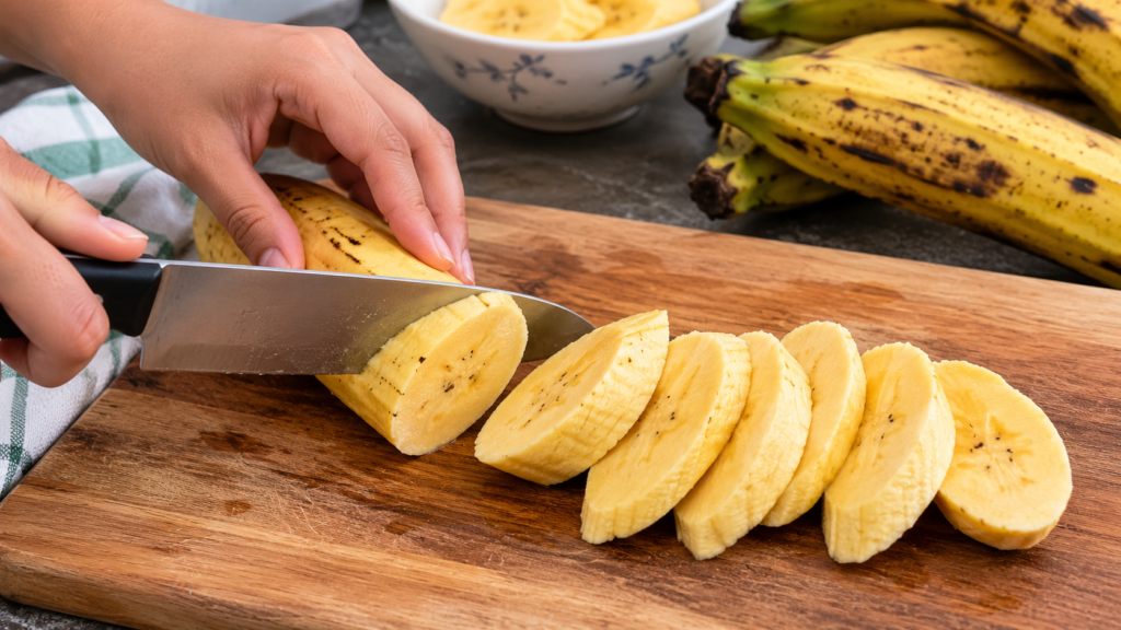Slicing ripe plantains for Fry Plantains Recipe