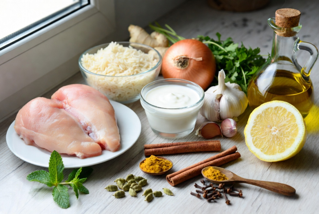 Fresh ingredients including chicken, yogurt, rice, onions, and spices