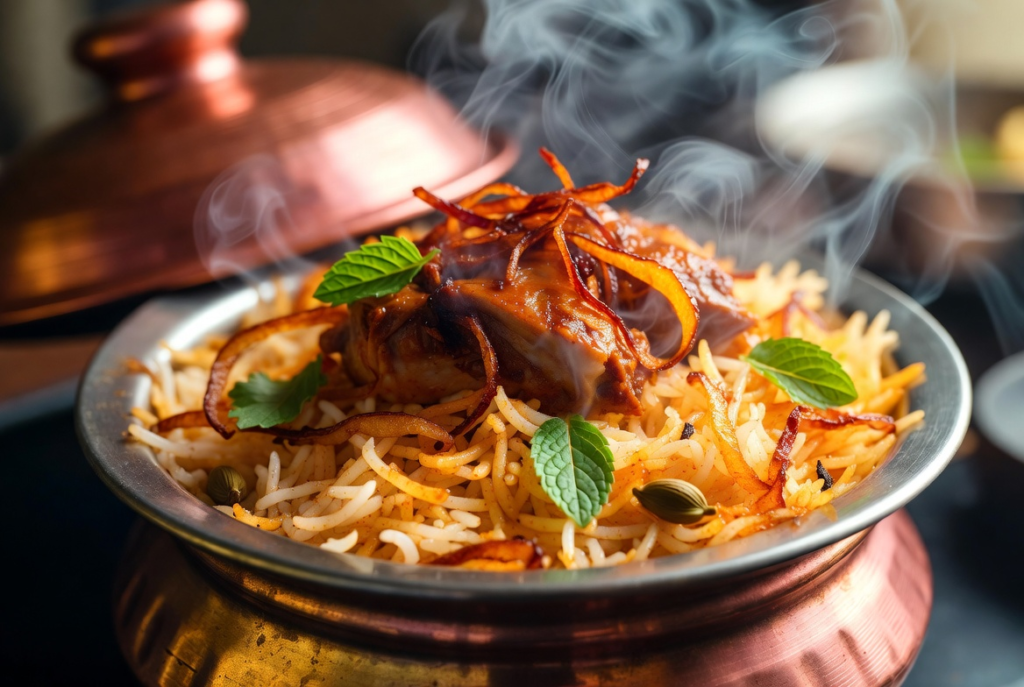 Freshly cooked healthy chicken biryani after dum cooking