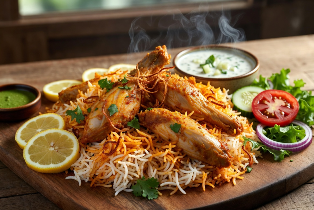 Healthy chicken biryani served with cucumber raita and fresh salad