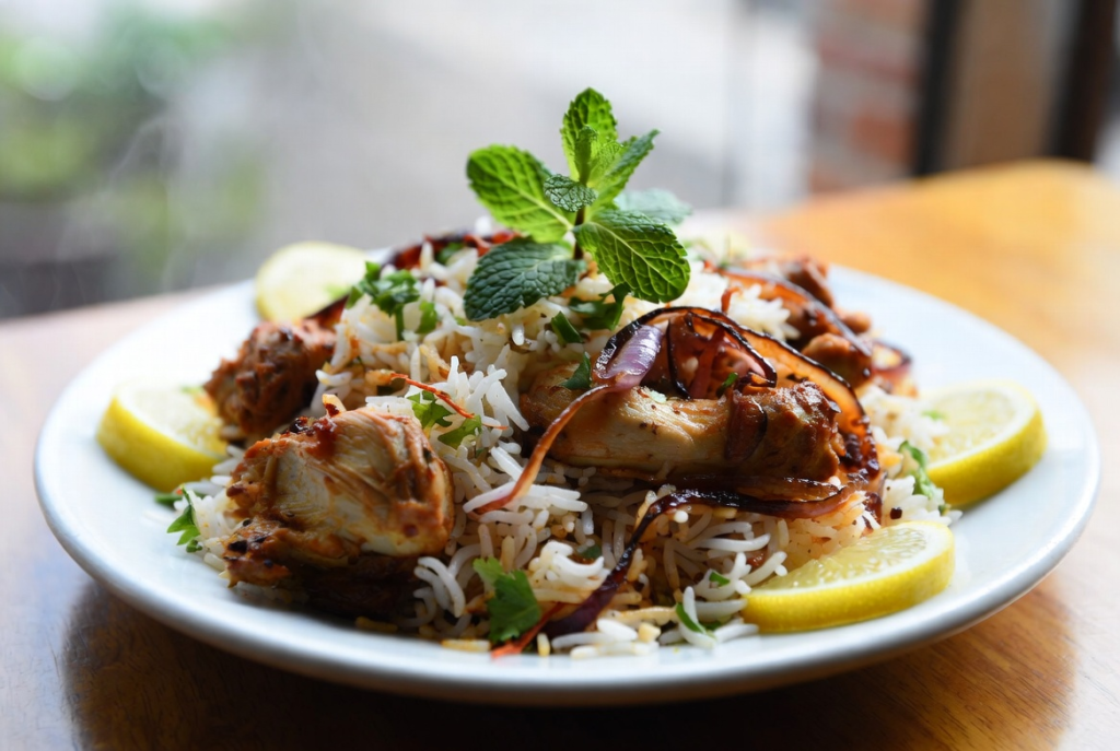 High-protein healthy chicken biryani ready to serve