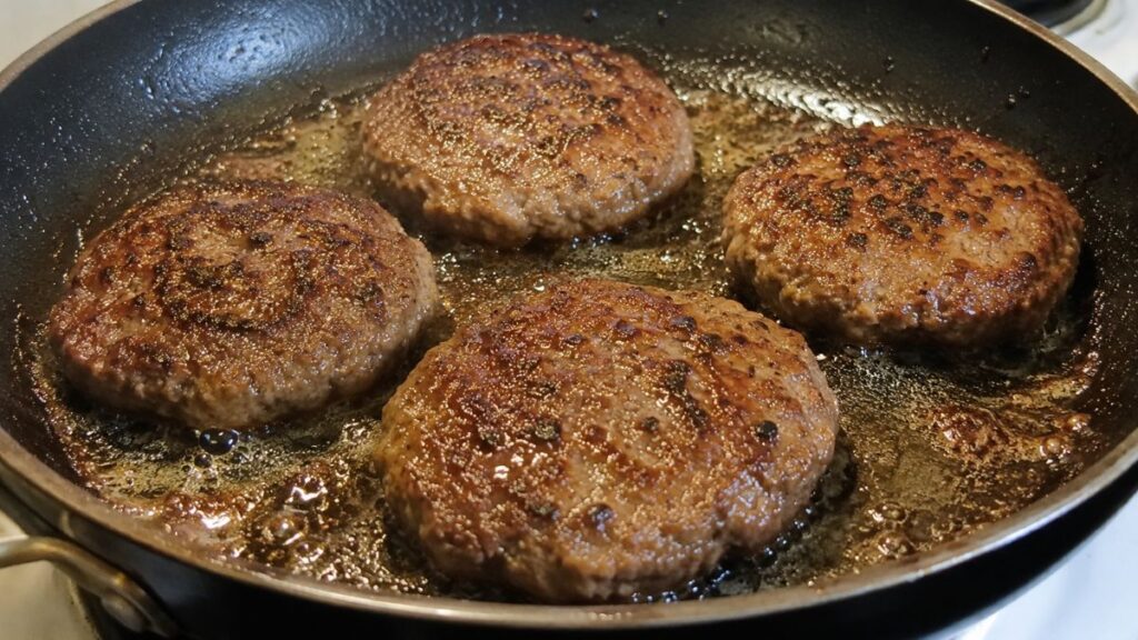 Salmon patties frying until crispy and golden brown