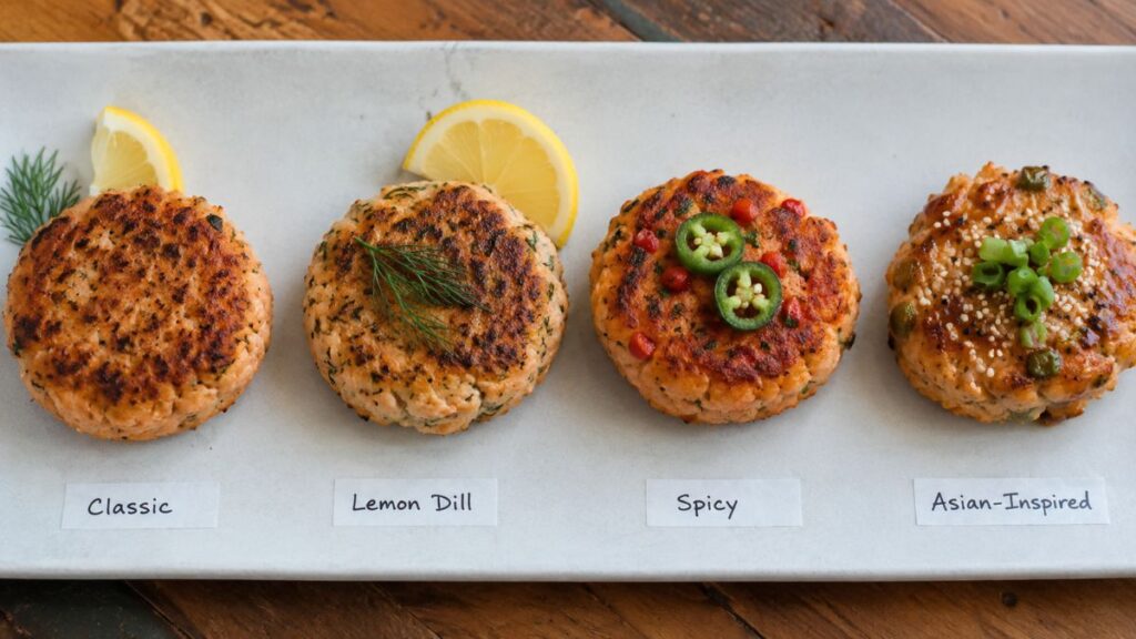 Different variations of homemade canned pink salmon patties