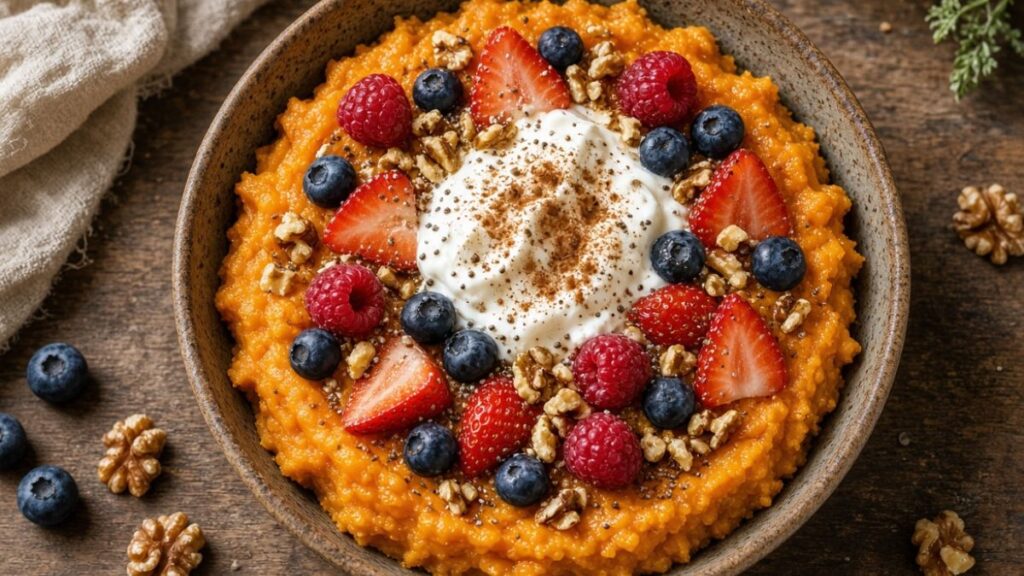 mashed sweet potato bowl with berries yogurt and nuts
