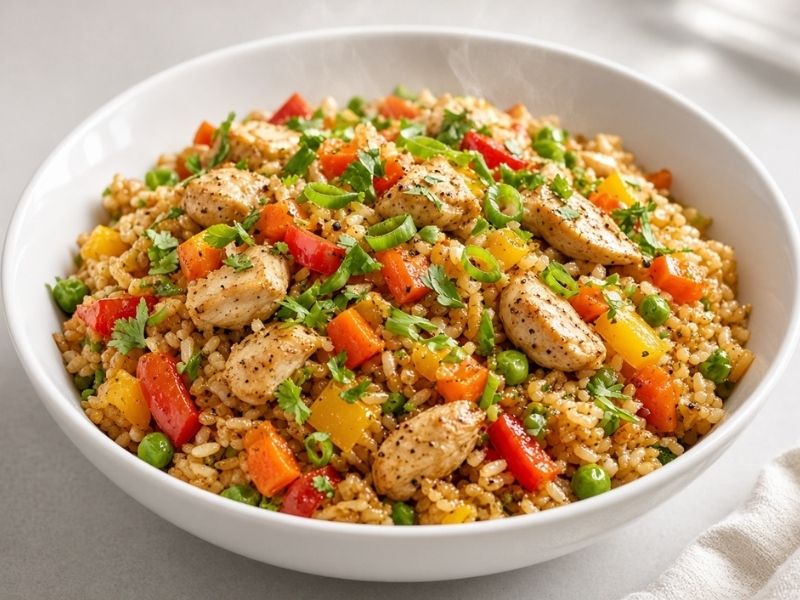 balanced bowl with rice, vegetables and cooked chicken