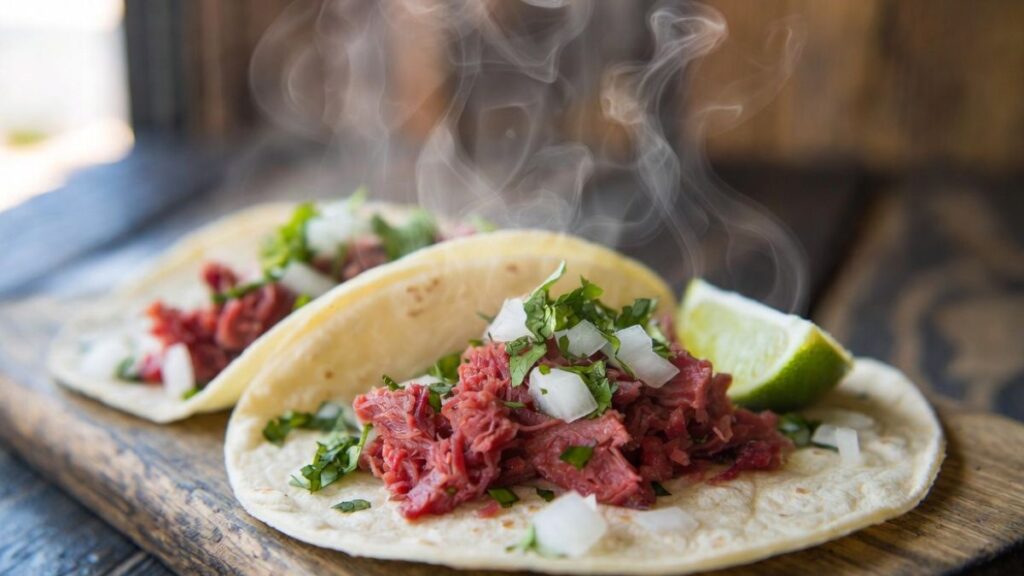 Homemade corned beef tacos with fresh toppings