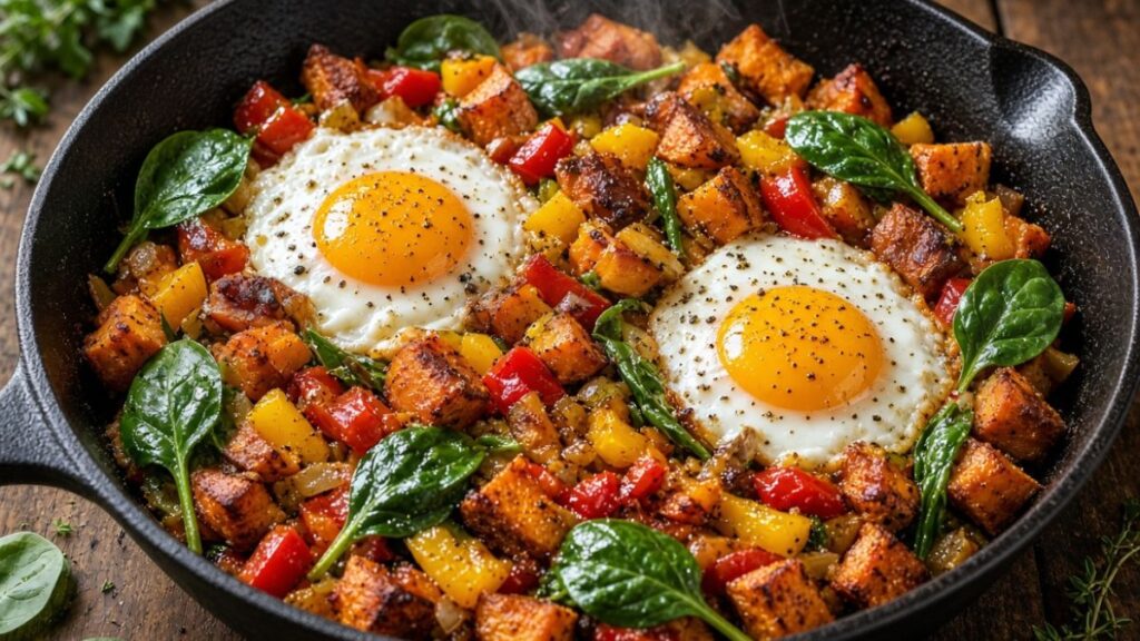 egg hash with spinach peppers and onion