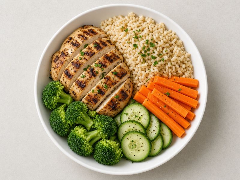 Healthy chicken and brown rice bowl with fresh vegetables
