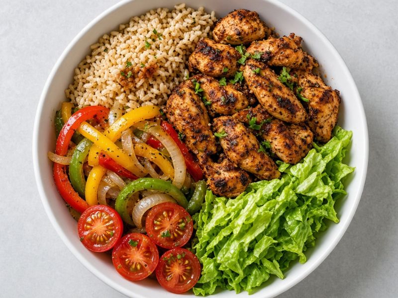 Healthy chicken fajita bowl with vegetables and brown rice