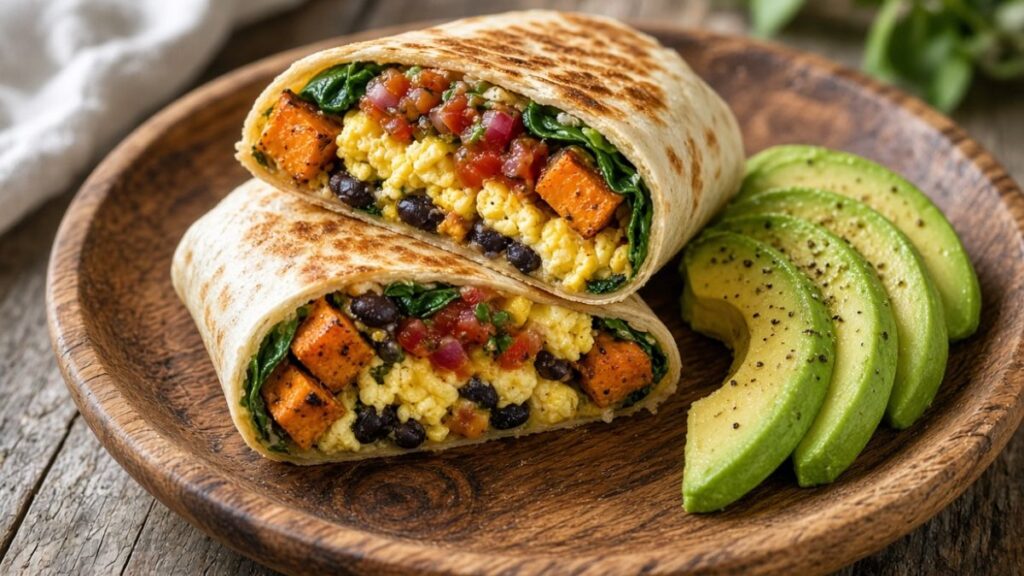 sweet potato breakfast burrito with eggs and beans
