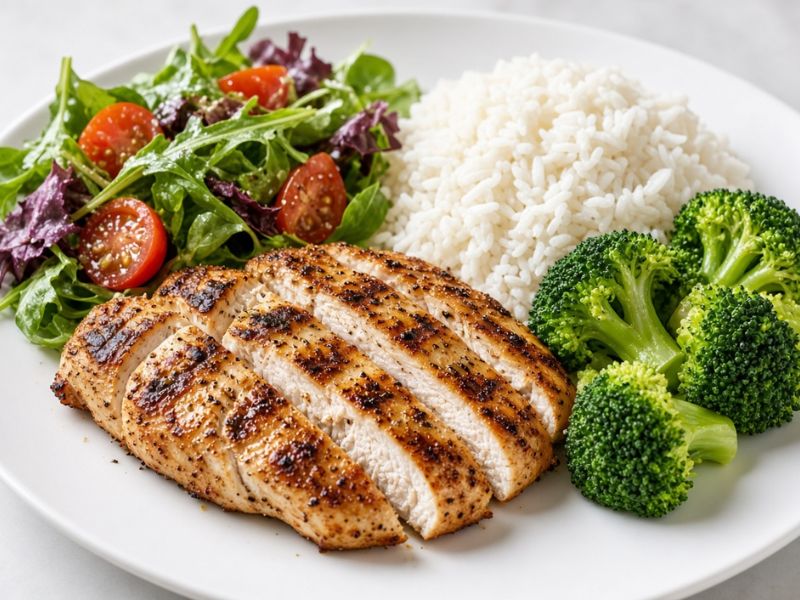 Chicken breast served with vegetables and rice