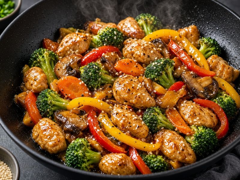Healthy chicken stir fry with colorful vegetables