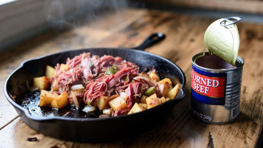 Can of corned beef recipes served with potatoes and parsley