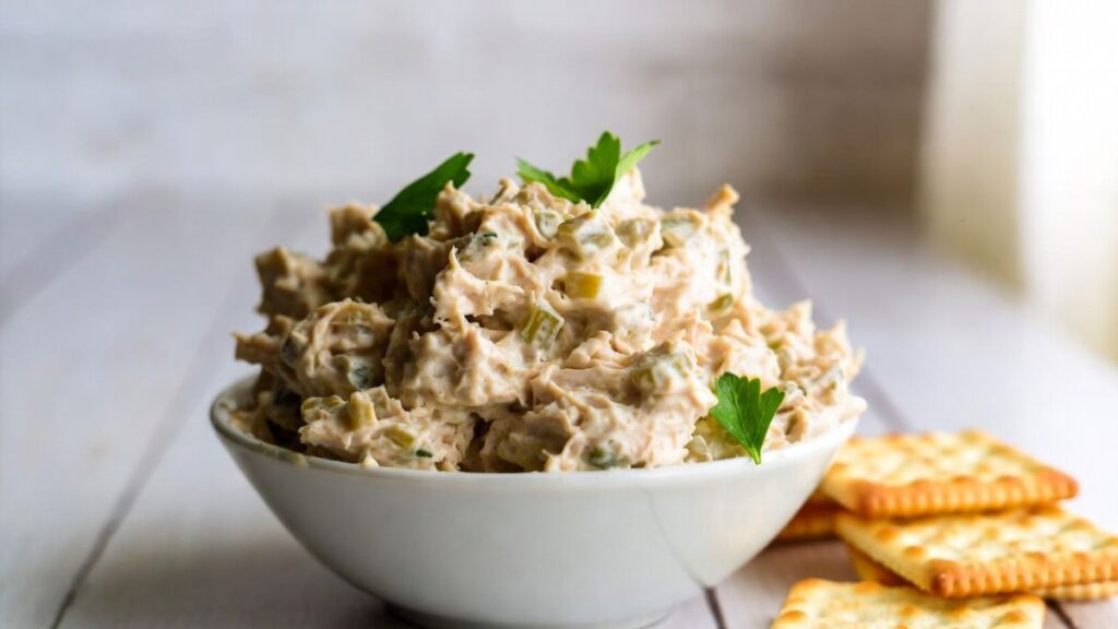 Can chicken salad recipe in a serving bowl