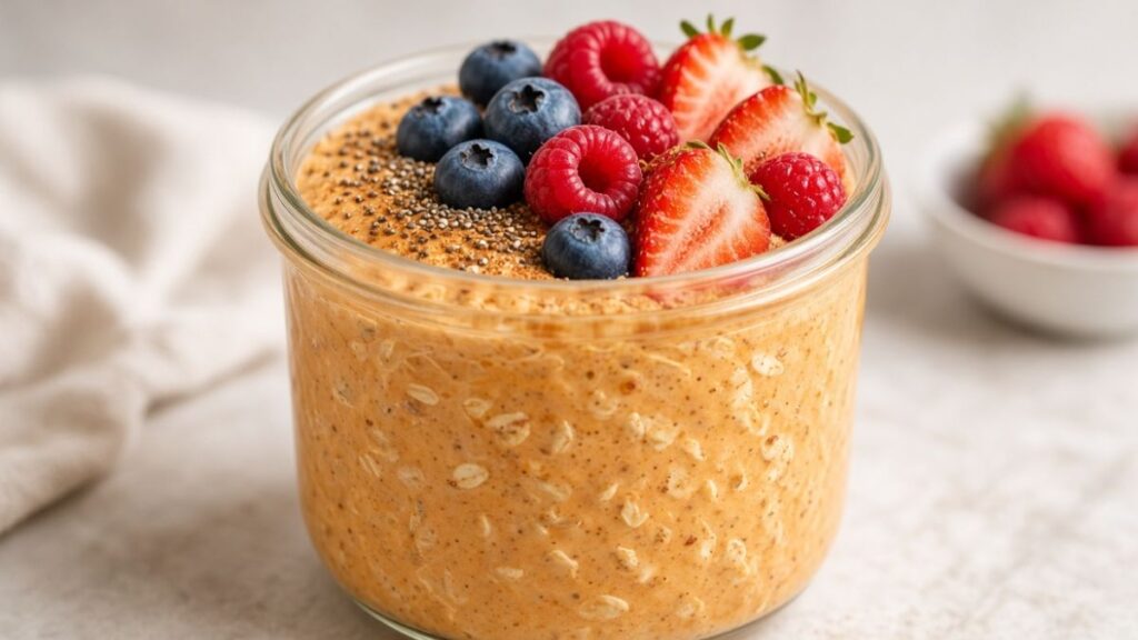 sweet potato overnight oats with chia seeds and berries
