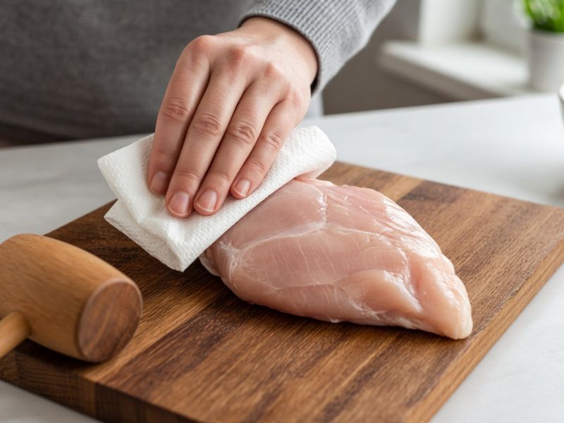 Preparing chicken breasts on a cutting board
