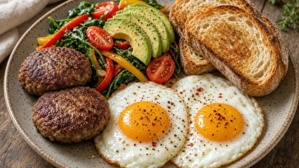 Golden-brown sausage patties served with eggs, spinach and toast