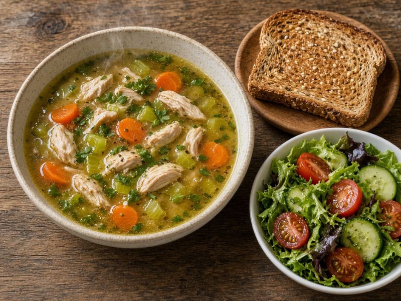 healthy chicken soup with whole grain toast and salad