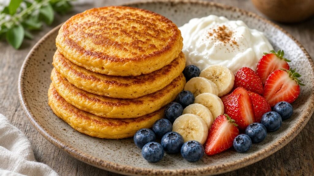 sweet potato pancakes with berries and banana