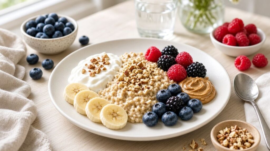healthy oatmeal breakfast bars served with yogurt and fresh berries