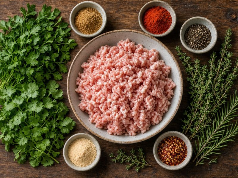 Ground meat with fresh herbs and assorted spices on a kitchen counter