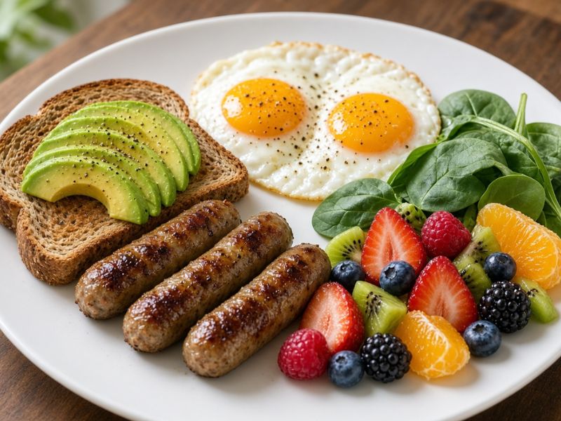 Healthy breakfast with turkey sausage eggs toast and fresh fruit