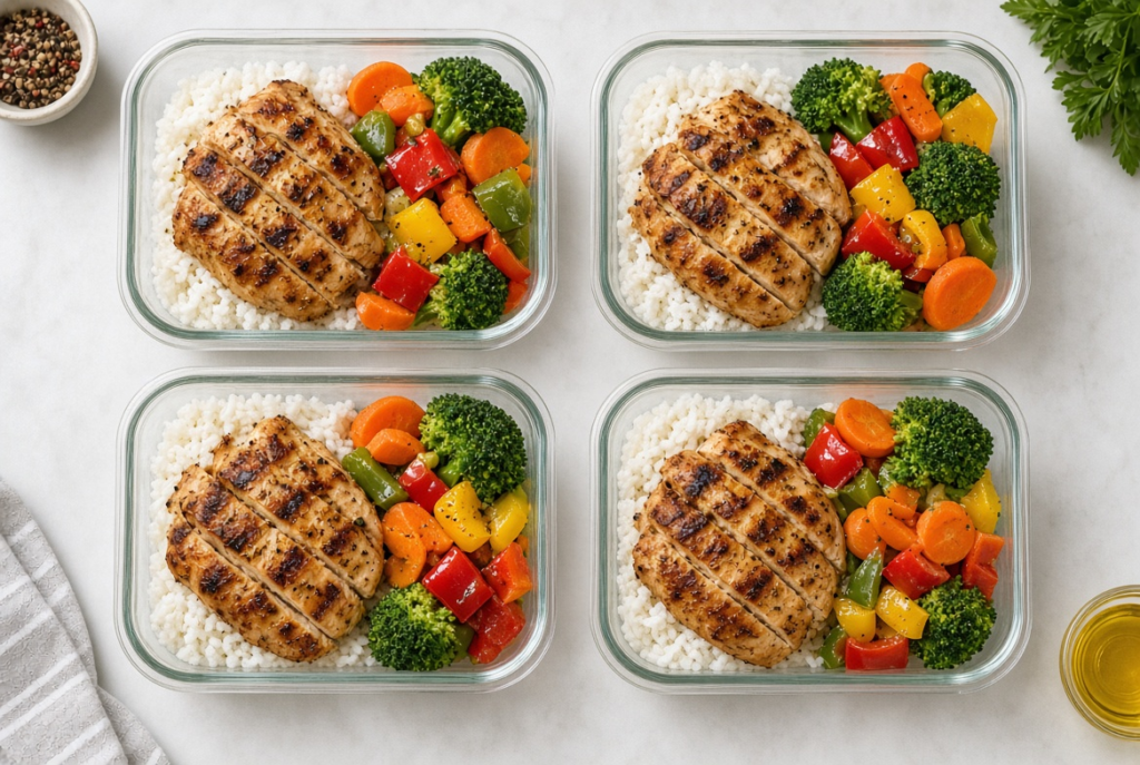 Chicken breast meal prep with rice and vegetables