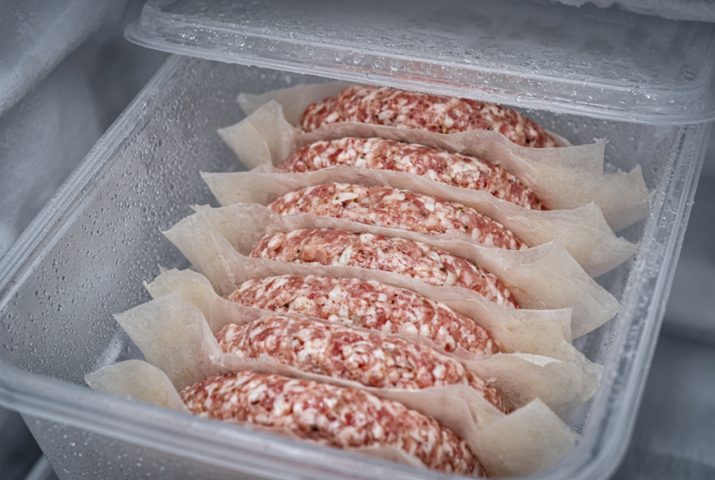 Uncooked turkey sausage patties prepared for freezing