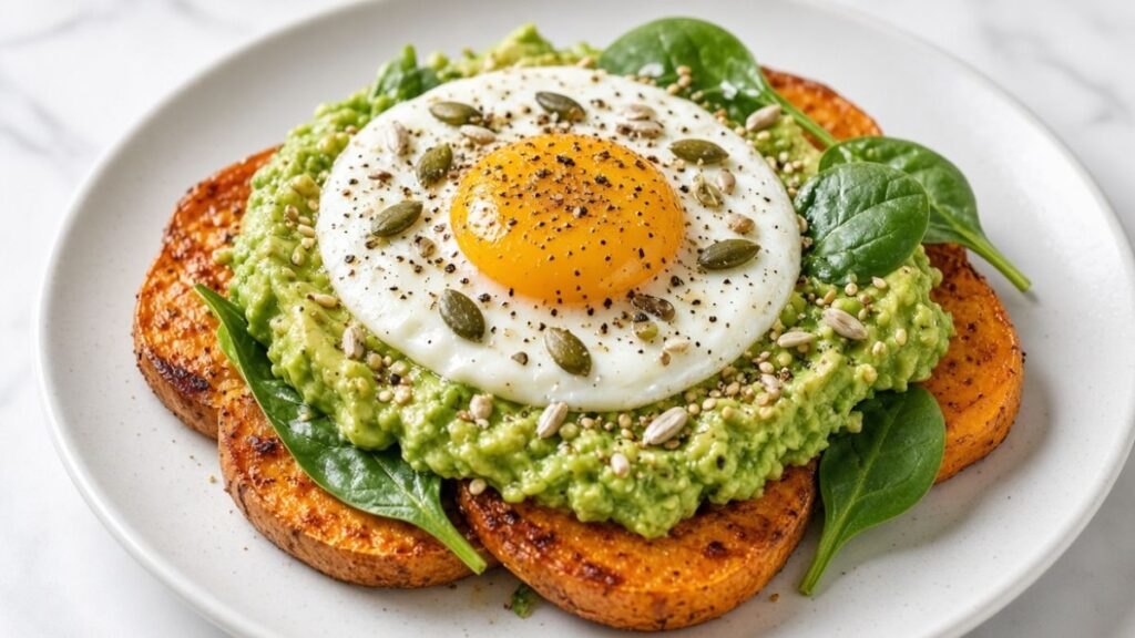 sweet potato toast with avocado and egg