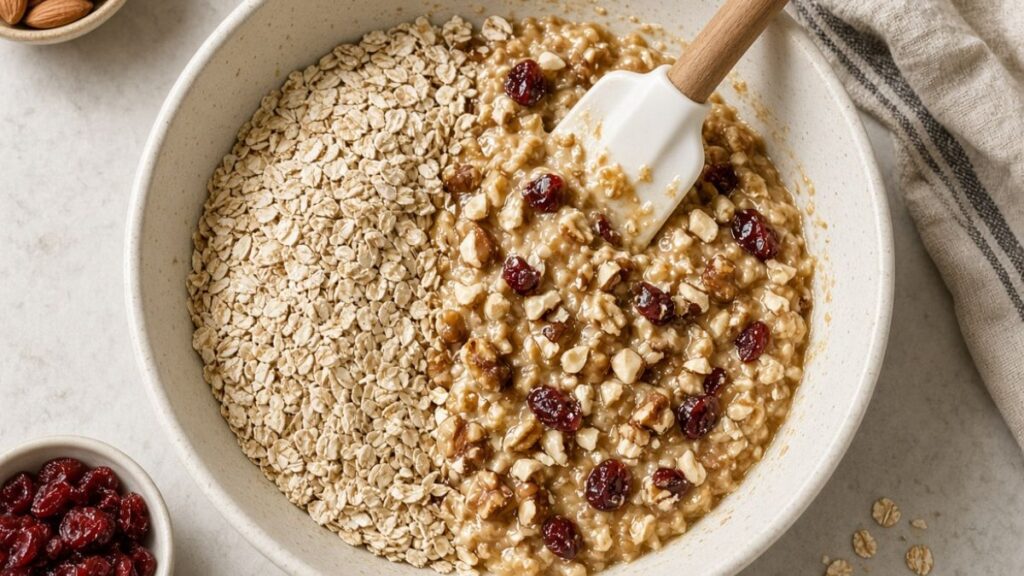 
mixing oatmeal breakfast bar batter with nuts and dried fruit