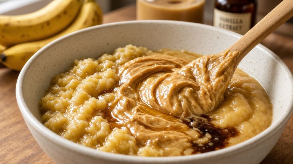 mixing banana applesauce and peanut butter for oatmeal bars