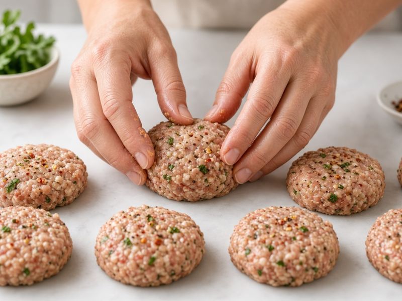 Homemade turkey sausage patties being shaped before cooking
